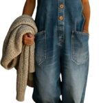 chouyatou Women's Suspender Strap Loose Denim Bib Overalls Y2k Baggy Distressed Jeans Wide Leg Jumpsuit Pants