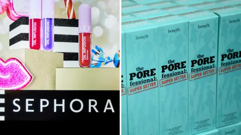 Getty Images A Sephora advert on a street in Bari, Italy (left) and (right) boxes of Benefit cosmetics skincare products.