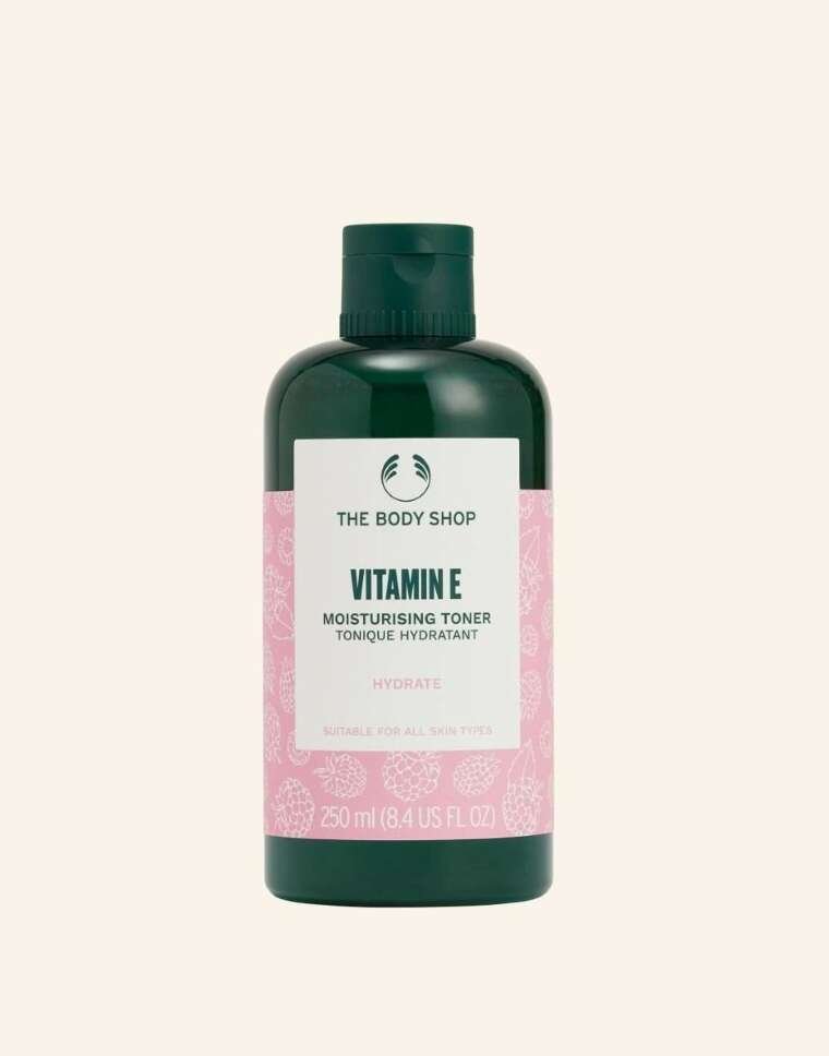 The Body Shop Vitamin E Hydrating Toner refreshes and hydrates skin while removing leftover impurities after cleansing.