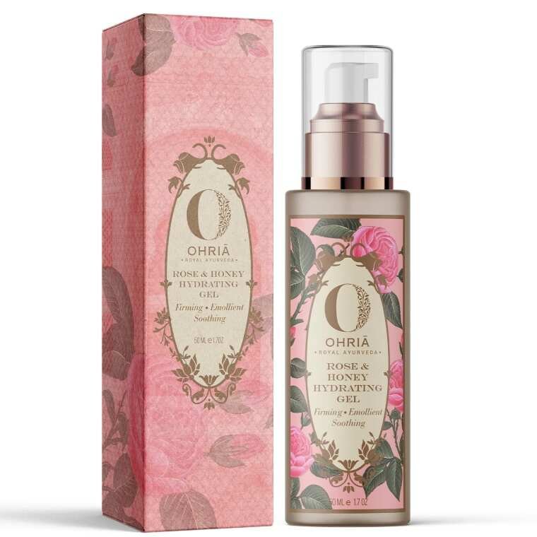 Ohria Ayurveda Rose and Honey Hydrating Gel deeply nourishes skin overnight for hydrated, refreshed-looking skin.