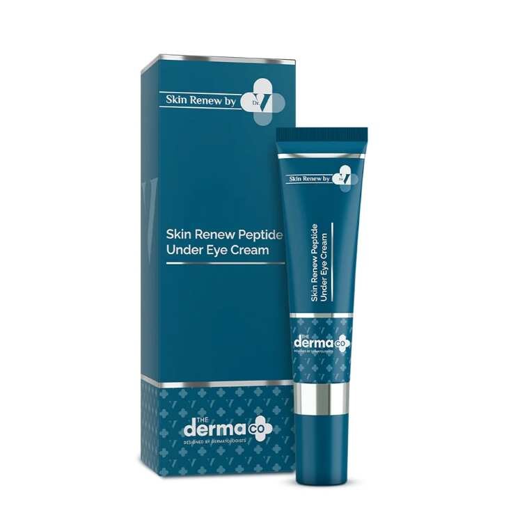 The Derma Co X Dr V Skin Renew Peptide Under Eye Cream visibly reduces puffiness, dark circles, and fine lines.