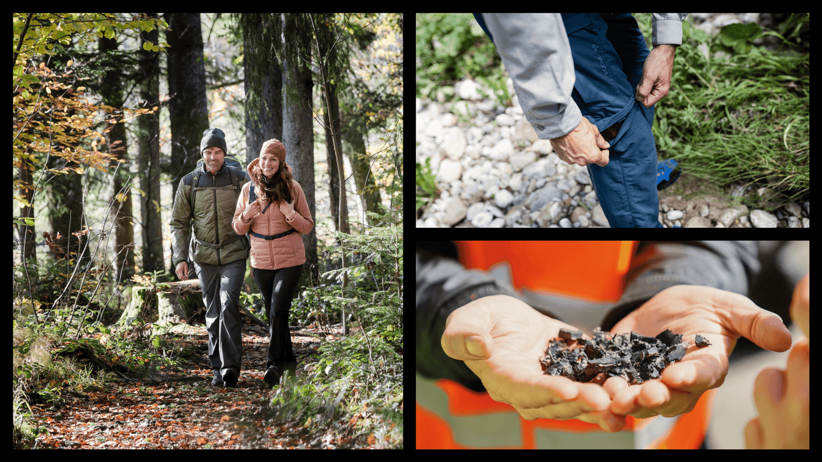 Man and woman wearing VAUDE outdoor garments, hands holding particules of tyres