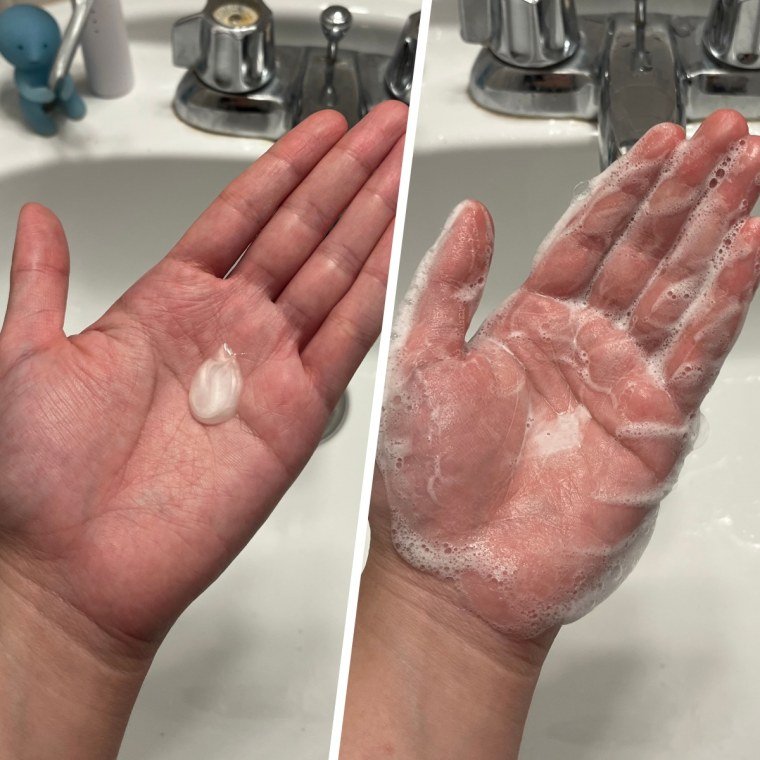 Meghan Murakami shows the texture and consistency of Sincerely Yours Kindly Clean Hydrating Cleanser.