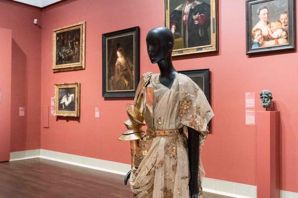 A design by John Galliano is seen in the Louvre Couture exhibition at the Museum of Fine Arts