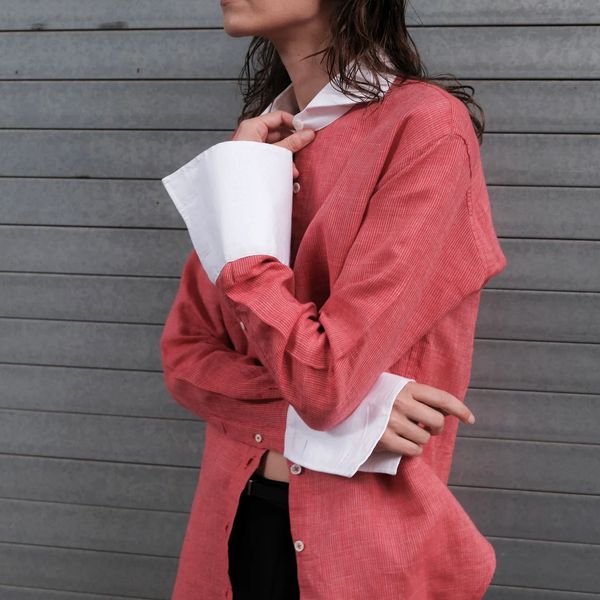 Chanva Studios Elegant Linen Shirt In Red Stripe