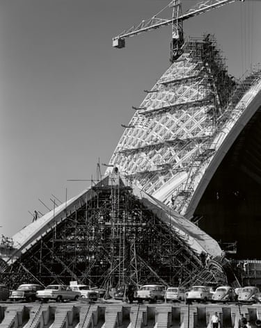Black and white photograph of the Sydney Opera House during construction