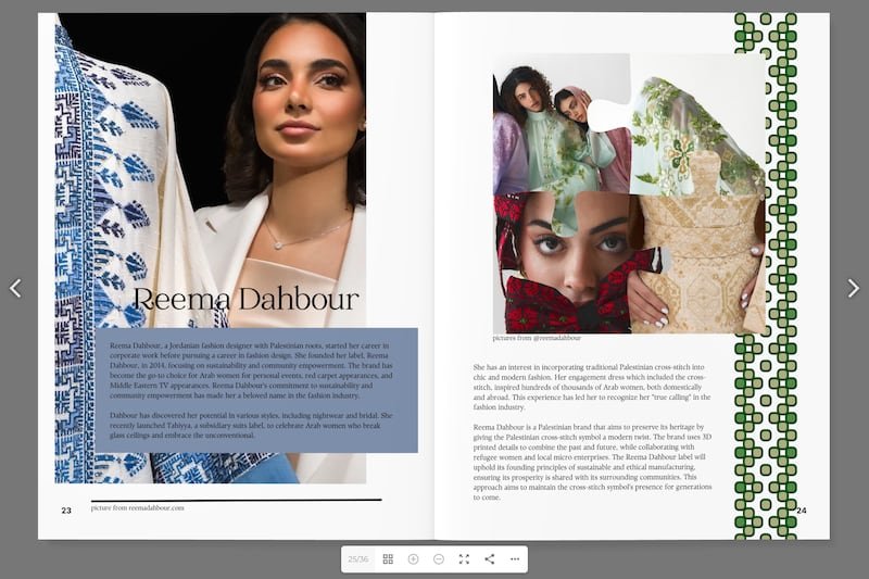 Screenshot of a digital magazine showcasing a Palestinian-inspired fashion brand, with photos, text and digital artwork mimicking embroidery.
