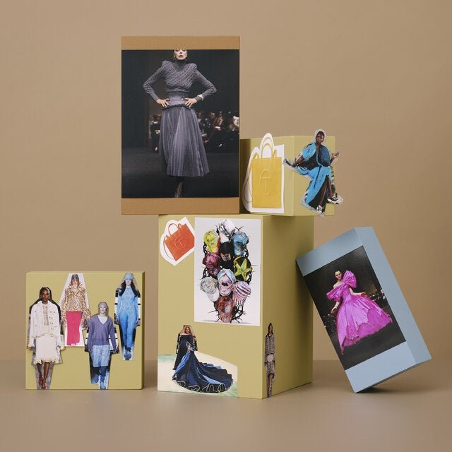 Top row, from left: a fall 2026 Matières Fécales look; a yellow 2025 Telfar medium Shopping Bag; and a fall 2026 Jawara Alleyne look. Bottom row, clockwise from left: fall 2026 Chanel and Celine looks and two spring 2027 Cecile Tulkens looks; an orange 2025 Telfar medium Shopping Bag; 4FSB caps; another fall 2026 Matières Fécales look; another fall 2026 Chanel look; and the actress Da’Vine Joy Randolph at the 2024 Met Gala in a custom denim Gap dress by Zac Posen.