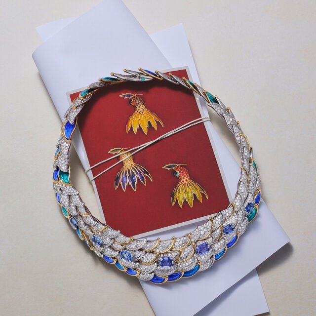 Tiffany & Co.’s 1960s parrot brooches inspired its new Parrot necklace, from the brand’s latest Blue Book high jewelry collection, Hidden Garden. Price on request, tiffany.com.