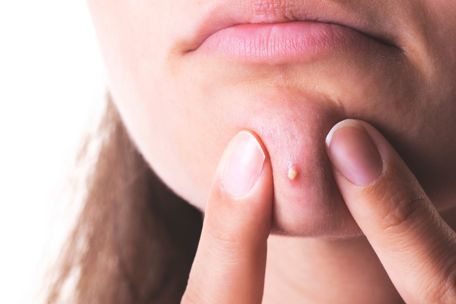 Close-up of a person pressing a pimple on their chin, illustrating skincare or acne treatment