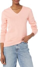 Amazon Essentials Women's Lightweight V-Neck Sweater, Long Sleeve, Ribbed, 100% Cotton