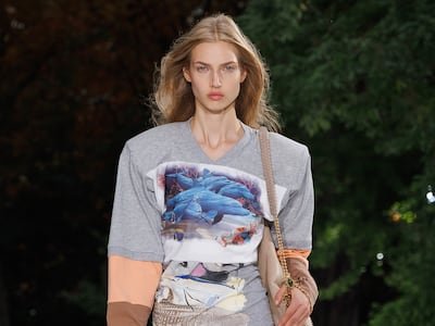 Dolphin graphics and a rock-pool palette bring McCartney’s fascination with marine life to the runway. Photo: Stella McCartney